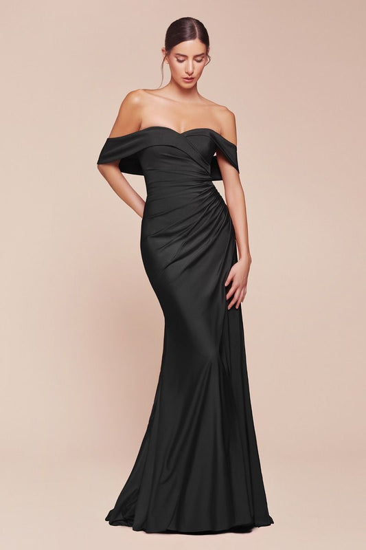 Ladivine CD790 Bridesmaids Dress &nbsp;This fitted dress features a sweetheart off-the-shoulder neckline, a flattering pleated waistline, and a chic leg slit. Crafted from stretch spandex satin, it hugs your curves while offering comfortable movement. Ideal for bridesmaids, wedding guests, or formal events, this dress effortlessly blends elegance with a modern fit.