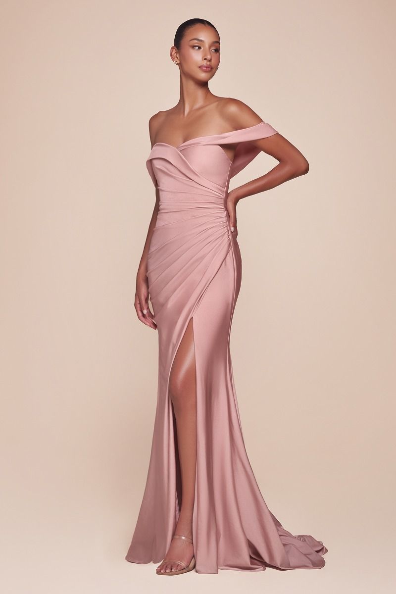 Ladivine CD790 Bridesmaids Dress &nbsp;This fitted dress features a sweetheart off-the-shoulder neckline, a flattering pleated waistline, and a chic leg slit. Crafted from stretch spandex satin, it hugs your curves while offering comfortable movement. Ideal for bridesmaids, wedding guests, or formal events, this dress effortlessly blends elegance with a modern fit.