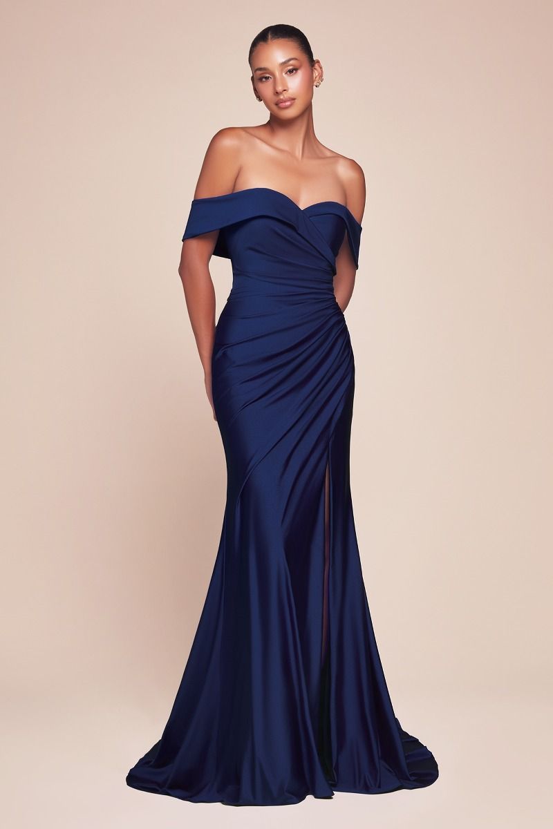 Ladivine CD790 Bridesmaids Dress &nbsp;This fitted dress features a sweetheart off-the-shoulder neckline, a flattering pleated waistline, and a chic leg slit. Crafted from stretch spandex satin, it hugs your curves while offering comfortable movement. Ideal for bridesmaids, wedding guests, or formal events, this dress effortlessly blends elegance with a modern fit.