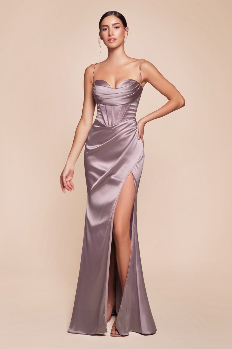 Ladivine 7483 Corset Prom Dress Bridesmaid Slit Luxe Satin Formal Gown Cowl Neck