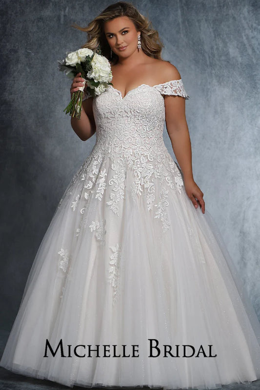 Michelle Bridal For Sydney's Closet MB2102 Ballgown Silhouette Soft Bridal Tulle Over Embossed Tulle With Floral Pattern Beading Embroidered Lace Appliques Clear Sequins Sweetheart Neckline Off-The-Shoulder Lace Straps Plus Size "Faith" Bridal Dress. 