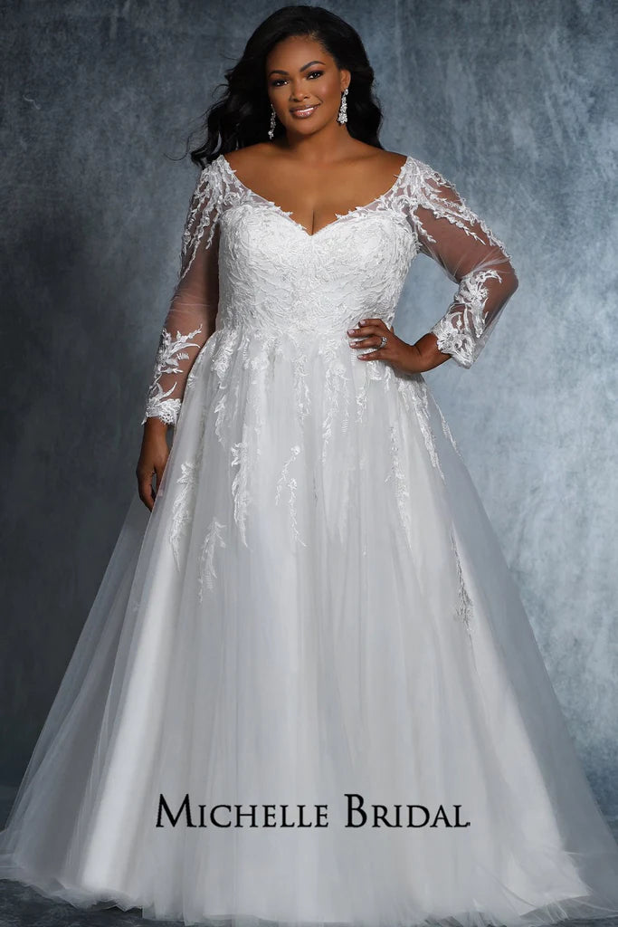 Experience elegance and luxury with this beautiful Michelle Bridal for Sydney's Closet MB2118 gown. It features a v-neck silhouette with long sleeves, embroidered lace appliques, and sequins for a truly unique look. Plus size and "Madonna" styles also available.