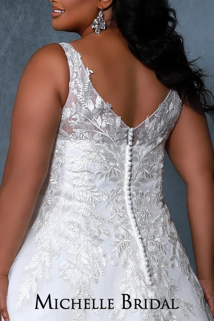 Michelle Bridal For Sydney's Closet MB2208 A-Line Traps With Lace Appliques On Net Ivory Shimmer Floral Appliques V-Neck Lace Leaf Embroidery Plus Size "Esme" Bridal Gown