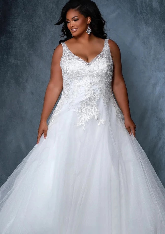 Michelle Bridal For Sydney's Closet MB2208 A-Line Traps With Lace Appliques On Net Ivory Shimmer Floral Appliques V-Neck Lace Leaf Embroidery Plus Size "Esme" Bridal Gown. 