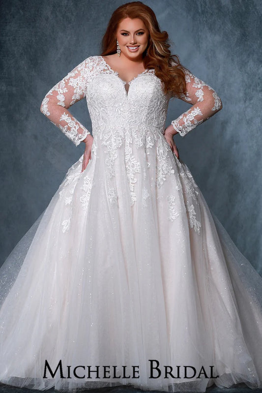 Michelle Bridal For Sydney's Closet MB2213 A-Line Silhouette Scalloped neckline Sleeves 7 Crystal Buttons On Each Sleeve Bugle Beads And Clear Sequins Plus Size "Rochelle" Bridal Gown. The Michelle Bridal For Sydney's Closet MB2213 gown is a stunning plus-size choice. It features a classic A-Line silhouette with a scalloped neckline, 7 crystal buttons on each sleeve, and beautiful bugle beads and clear sequins. Feel beautiful on your special day with this timeless design.