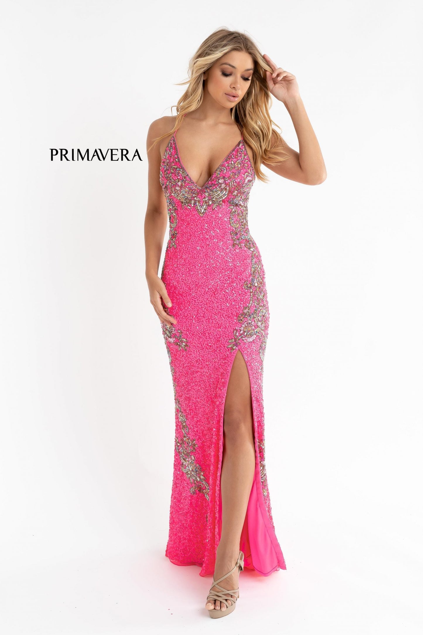 Primavera Couture 3211 Size 4 Platinum Sequin Prom Dress Pageant Gown Evening Formal Wear Side Slit