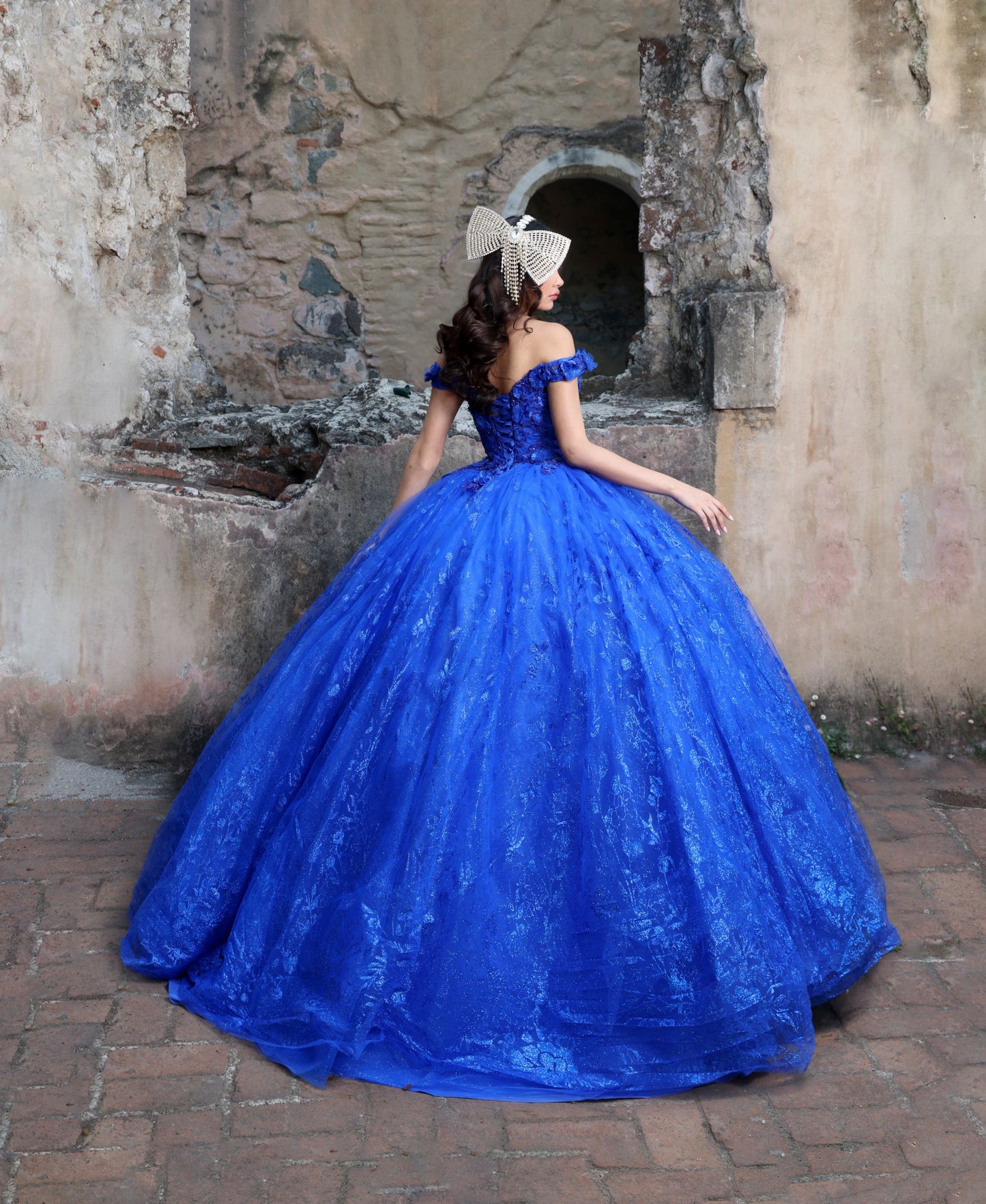 Nina Canacci Q129 Royal Blue Quinceanera Dress Off the Shoulder 3D Flowers Glitter Tulle