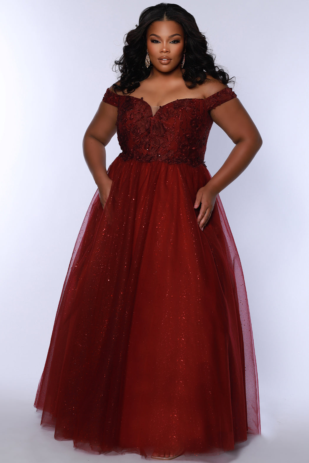 Sydneys Closet SC7428 Plus Sized Ballgown Prom Dress Off the Shoulder Glitter Tulle Long 3D Floral Lace