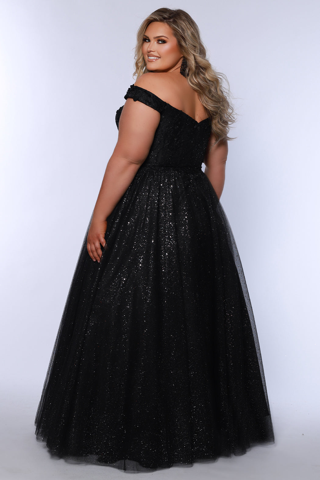 Sydneys Closet SC7428 Plus Sized Ballgown Prom Dress Off the Shoulder Glitter Tulle Long 3D Floral Lace