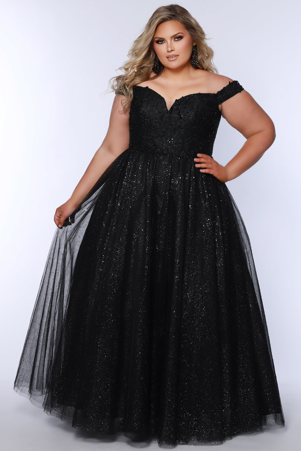 Sydneys Closet SC7428 Plus Sized Ballgown Prom Dress Off the Shoulder Glitter Tulle Long 3D Floral Lace