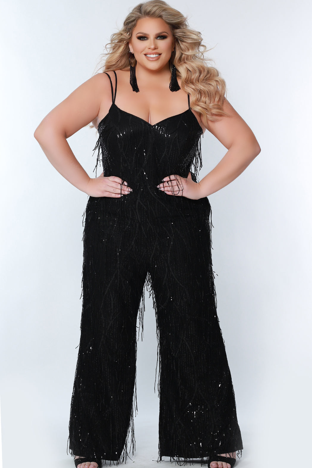 Sydney's Closet SC9104 Long Black Sequin Fringe Plus Size Formal Jumpsuit Pockets "RAVEN" Color: Black Size: 14-28 Sequin fringe Jumpsuit Double spaghetti straps covered in sequins V-neckline Pockets Natural waistline Wide leg pant