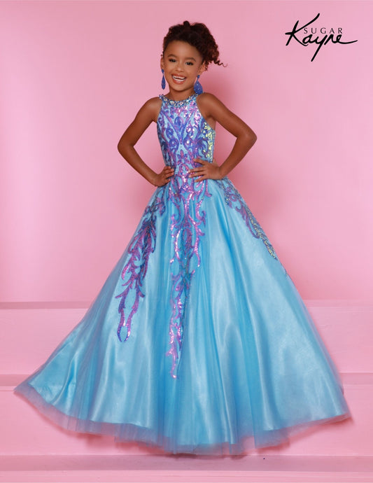 This Sugar Kayne C344 Preteen Pageant Dress is the perfect choice for any special occasion. The dress features a halter neckline, a glittering sequin bodice, and an A-line skirt. Its classic design and streamlined silhouette bring a timeless elegance to any event. Glittering Grace! This Sequin Mesh Ballgown and halter-style neckline ensure you will captivate the audience with grace and style!