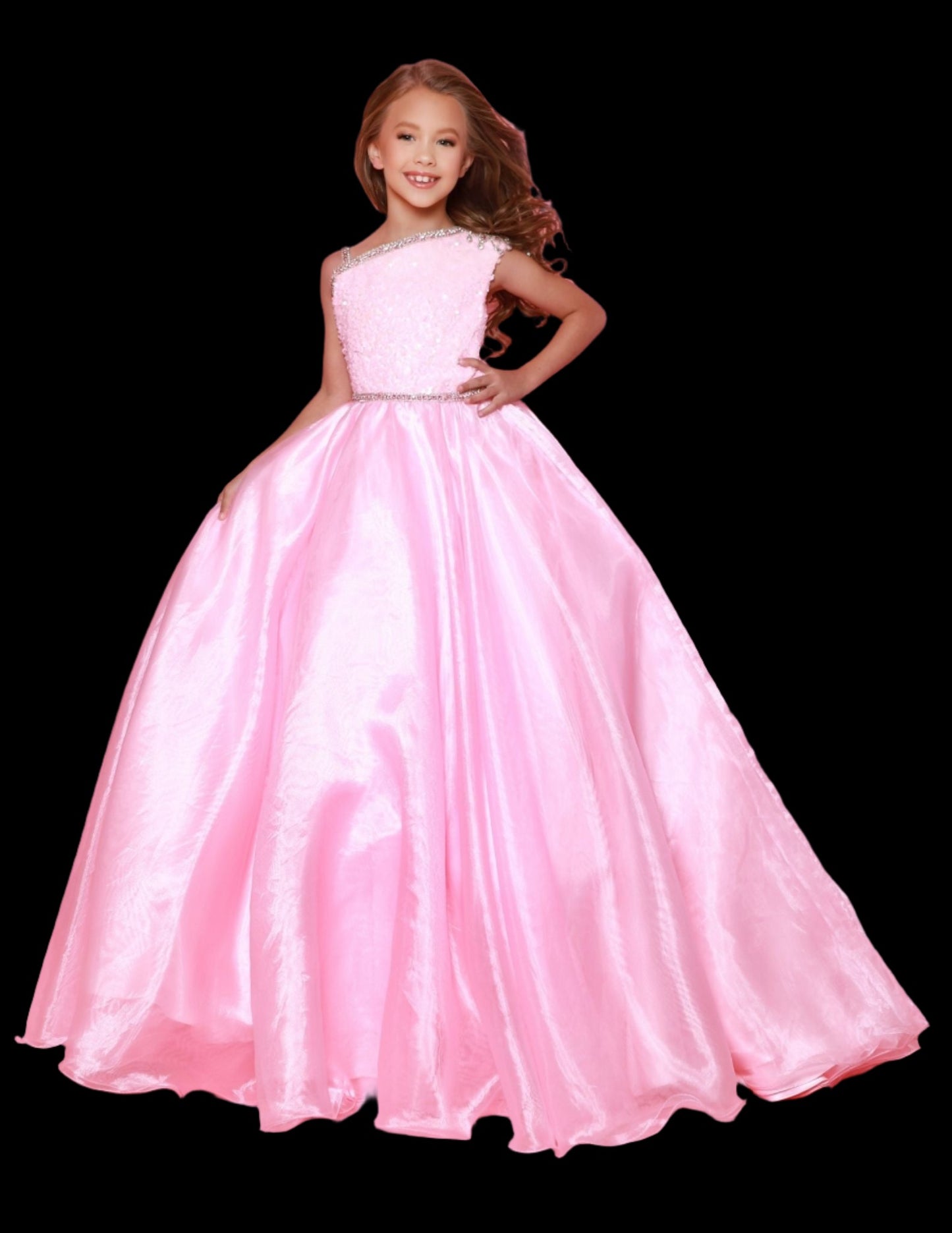 Sugar Kayne C348 is a stylish and elegant long girls preteen pageant dress. It has an A-line silhouette with a one-shoulder ballgown sequin top and train. Special details include a sequin-encrusted neckline for a beautiful finish. Perfect for any special occasion. Become the dazzling diva you are! This Sequin Mesh and Poly Organza Ballgown skirt is perfect for pageant competitions and winning hearts.