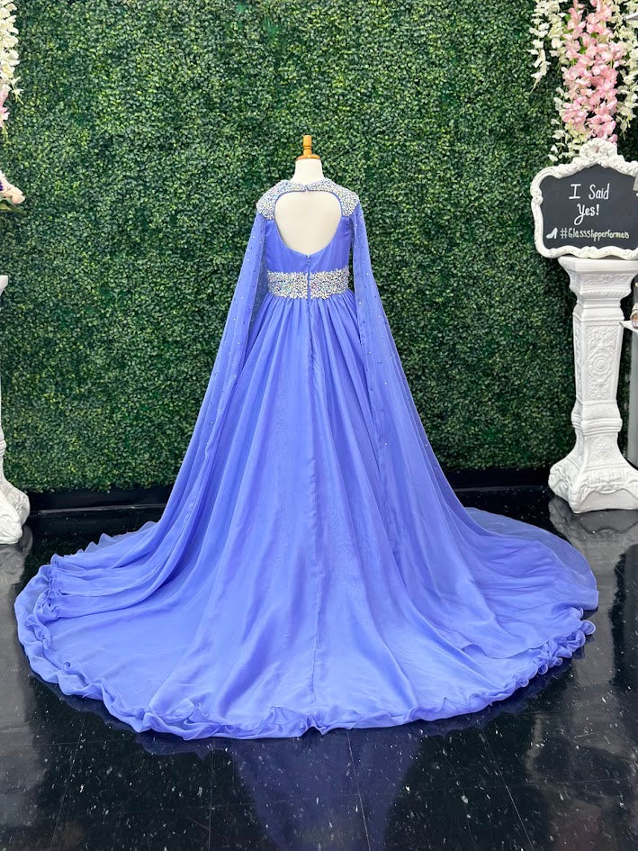 The Samantha Blake 1023 Girls Long Cape Sleeve Pageant Dress is perfect for any special occasion. The crystal cut out back and A line silhouette add a touch of elegance to the chiffon material. With long cape sleeves flowing from a cap sleeve, your child will feel like a true princess in this beautiful dress. Perfect Unique look for Pageants!