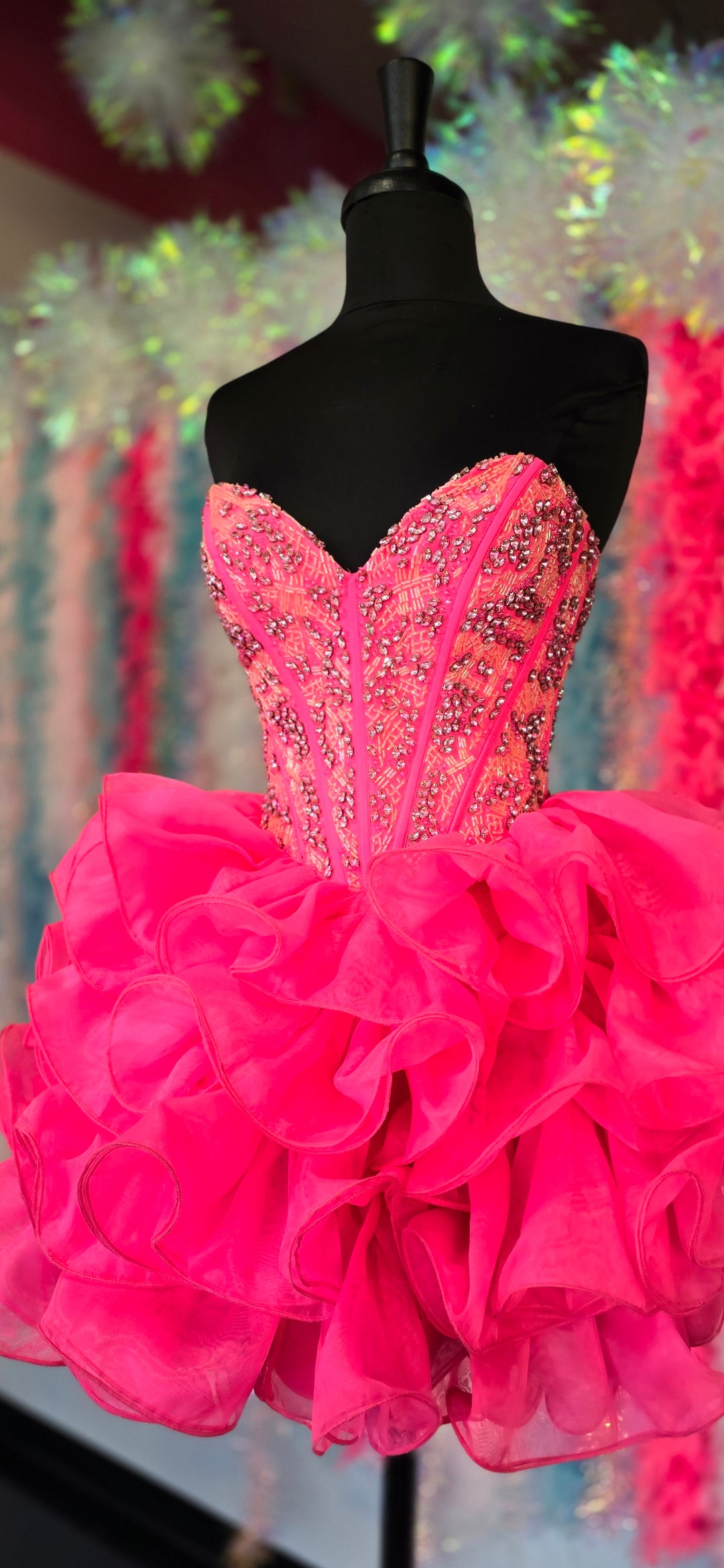 Jovani 39932 Size 0 Hot Pink Short Beaded Corset Homecoming Dress Ruffle Skirt Crystal Strapless Cocktail Dress