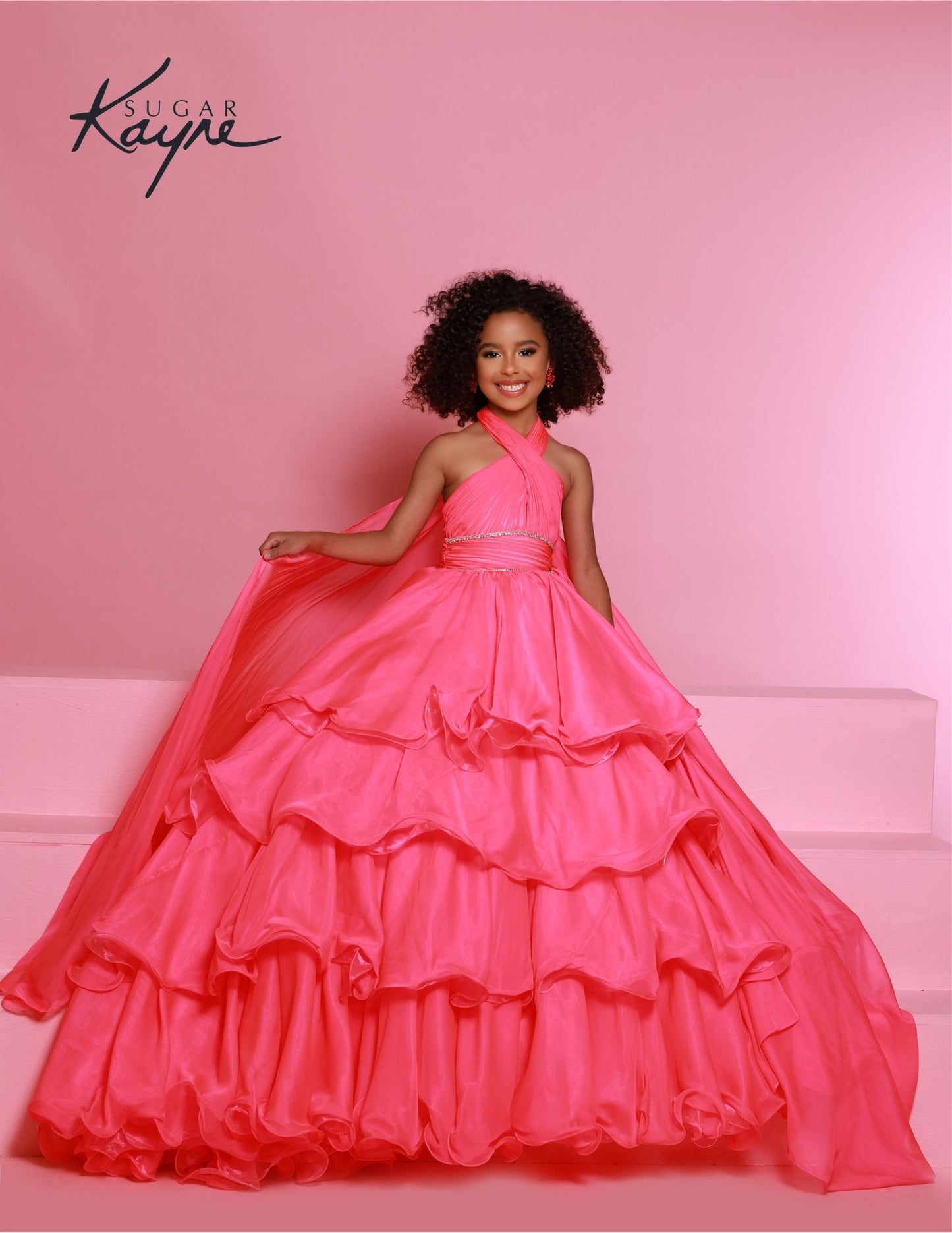 Sugar Kayne C305 Ruffled Layers Girls Preteens Pageant Dress Ball Gown Cape Halter Formal Dress