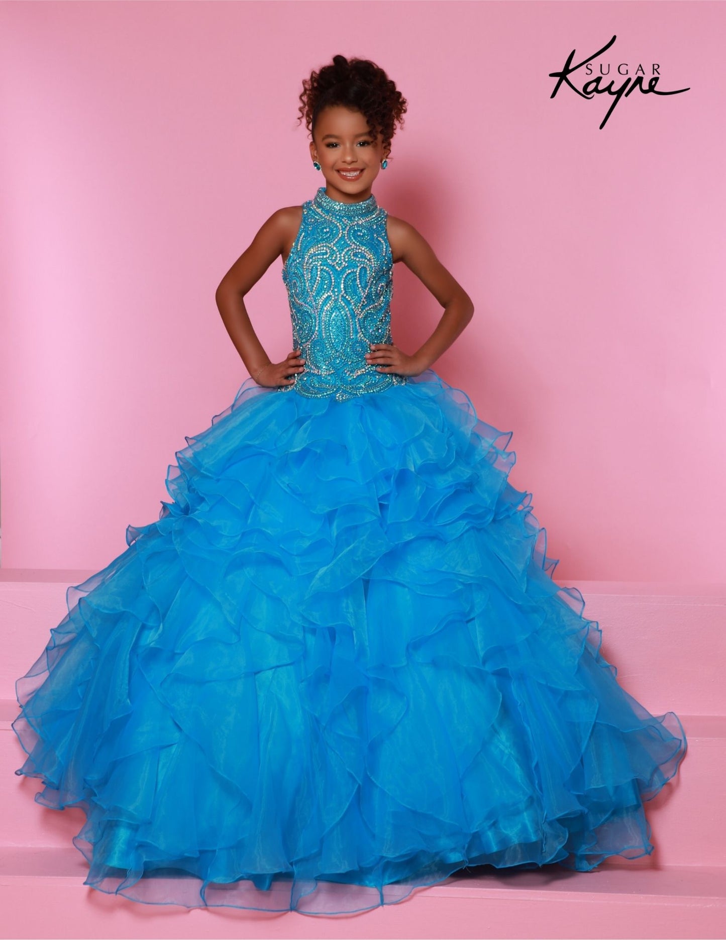 Sugar Kayne C326 Turquoise Girls Preteens Pageant Dress Ruffled Long Skirt High Neckline Crystal Bodice Sleeveless