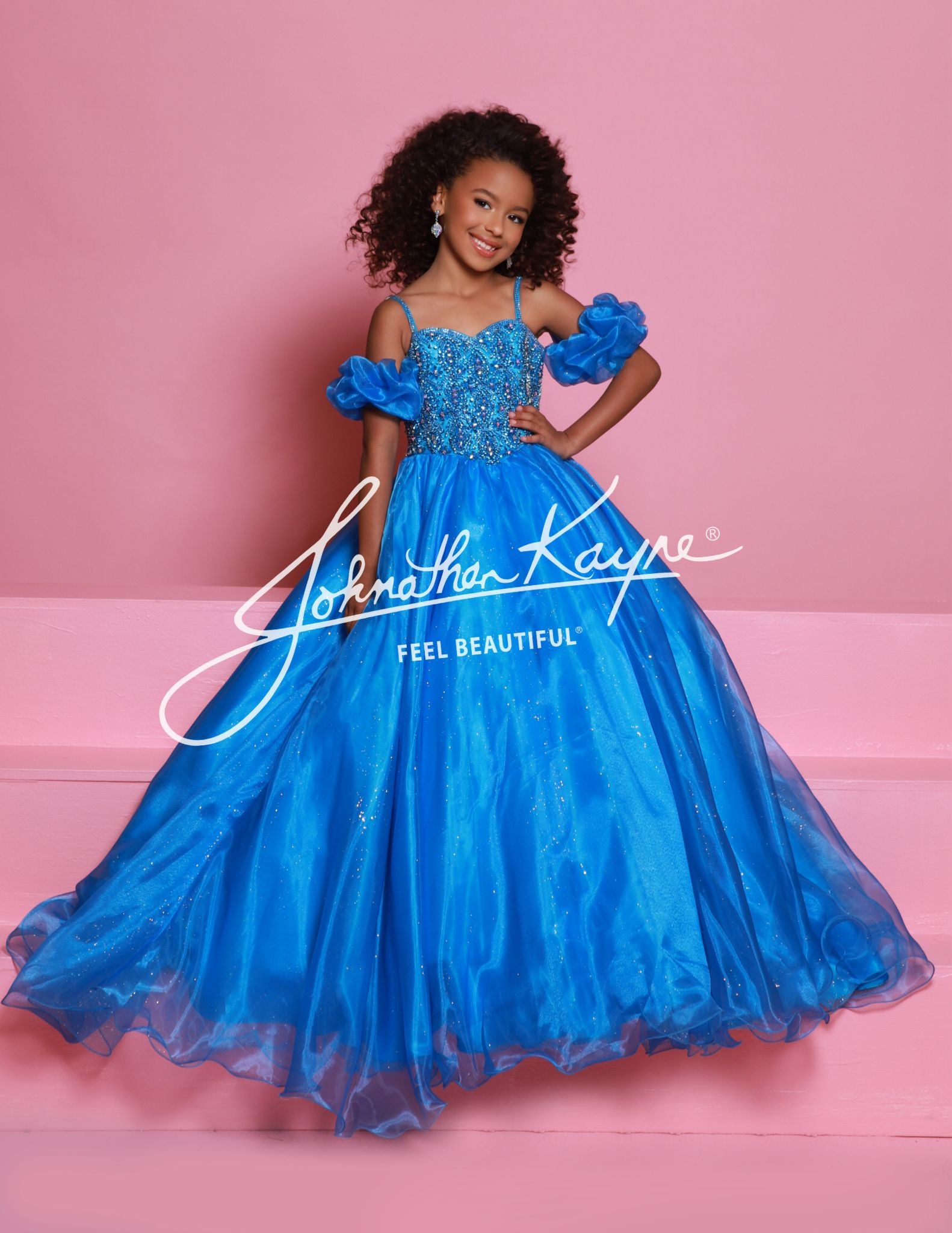 Sugar Kayne C359 Girls Pageant Ballgown Dress Puff Sleeves Sweetheart Neckline Embellished Bodice Spaghetti Straps Glitter Tulle and Organza Long Skirt capri blue