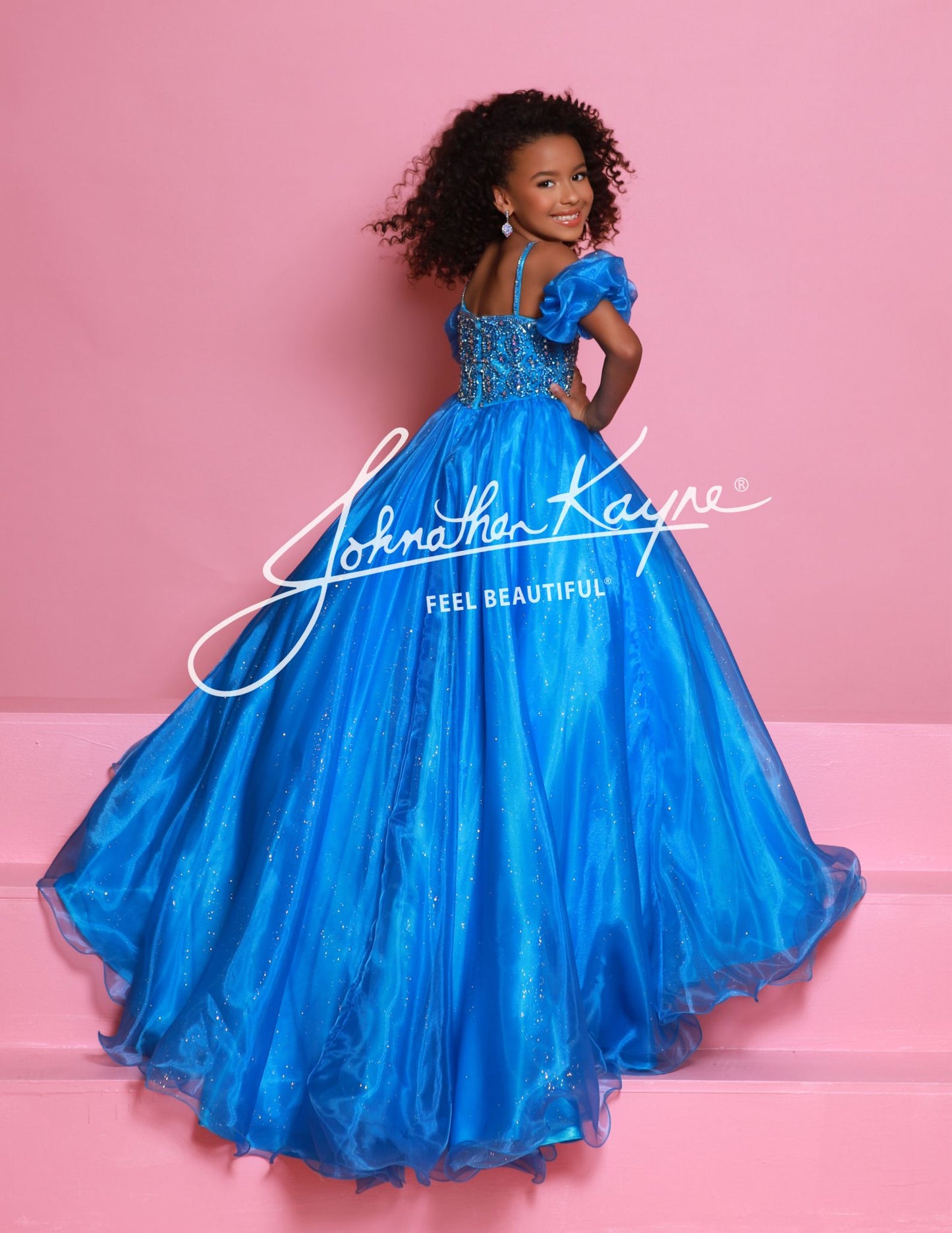 Sugar Kayne C359 Girls Pageant Ballgown Dress Puff Sleeves Sweetheart Neckline Embellished Bodice Spaghetti Straps Glitter Tulle and Organza Long Skirt capri blue