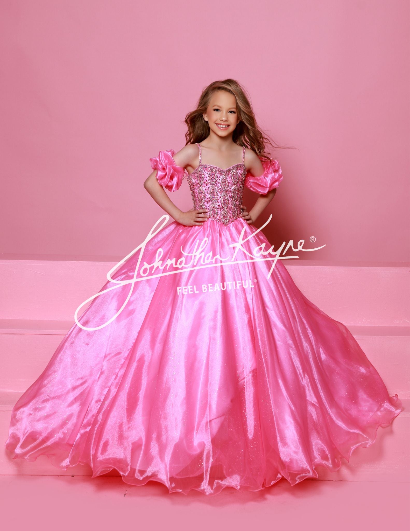 Sugar Kayne C359 Rose Pink Girls Pageant Ballgown Dress Puff Sleeves Sweetheart Neckline Embellished Bodice Spaghetti Straps Glitter Tulle and Organza Long Skirt capri blue