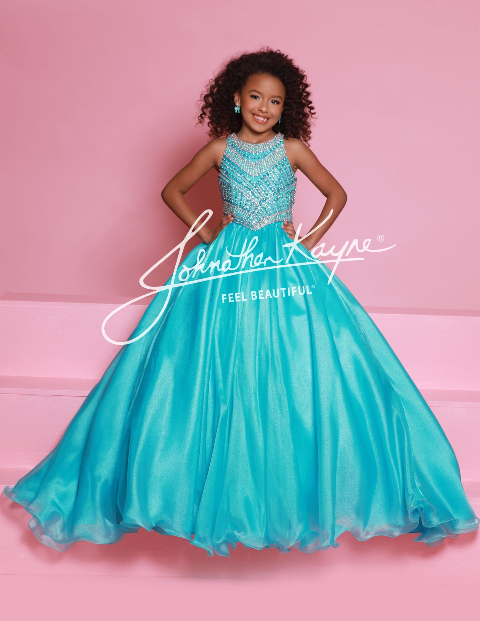 Sugar Kayne C362 Embellished Bodice Girls Pageant Dress High Neckline Organza Long Skirt Princess Waistline