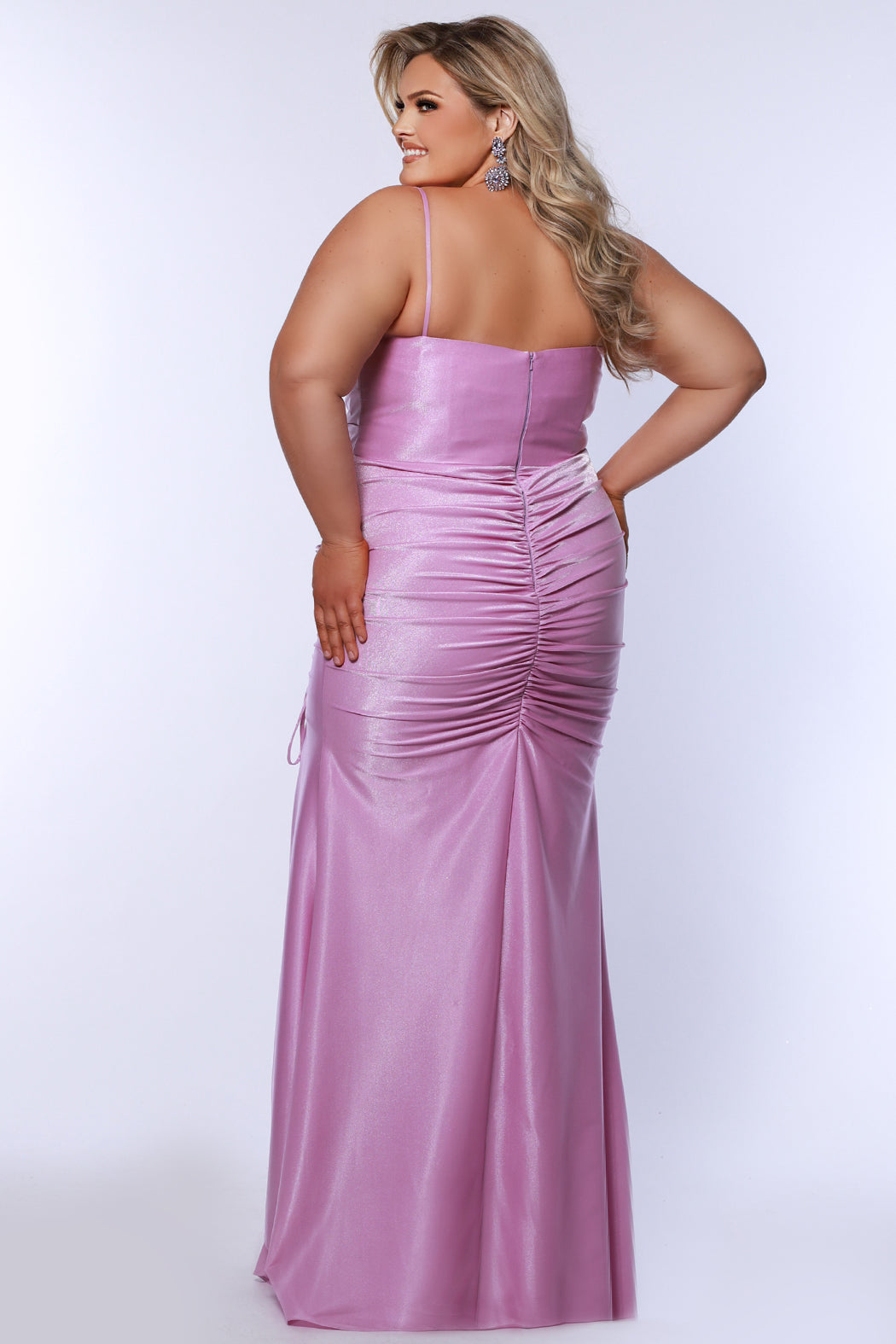 Sydneys Closet SC7422 Stretch Satin Long Formal Dress Plus Sized Ruched Tie Slit Sweetheart Neckline