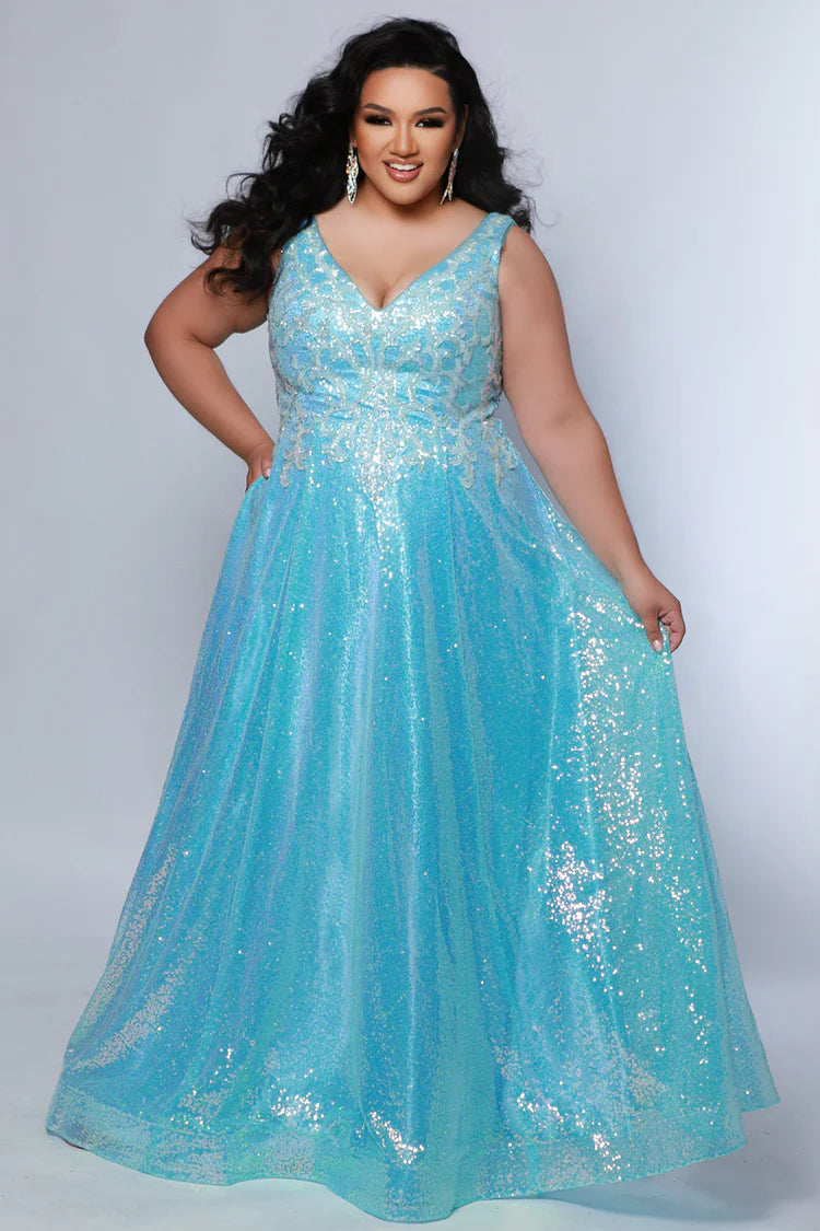 This Sydney's Closet TE2431 Sequin A Line Prom Dress is the perfect choice for plus-size individuals looking for a stunning and elegant formal gown. The V-neckline and A-line silhouette flatter the figure, while the sequin detailing adds a touch of sparkle. Stand out from the crowd at your next special event in this beautiful dress.