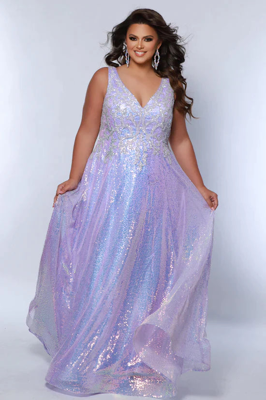 This Sydney's Closet TE2431 Sequin A Line Prom Dress is the perfect choice for plus-size individuals looking for a stunning and elegant formal gown. The V-neckline and A-line silhouette flatter the figure, while the sequin detailing adds a touch of sparkle. Stand out from the crowd at your next special event in this beautiful dress.