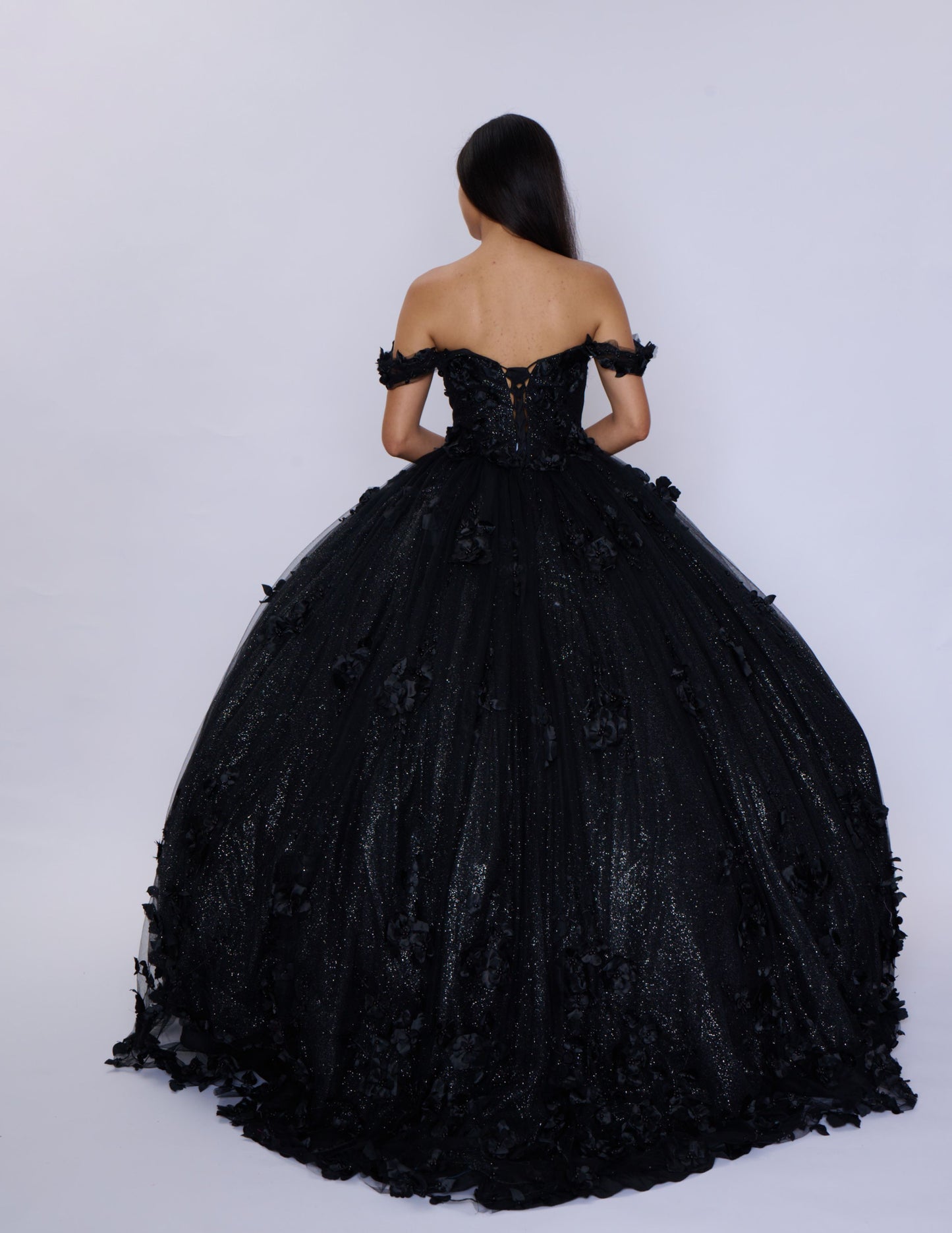 Nina Canacci Q2444 Black Quinceanera Dress 3D Floral Off the Shoulder Plunging V Neckline Glitter Tulle