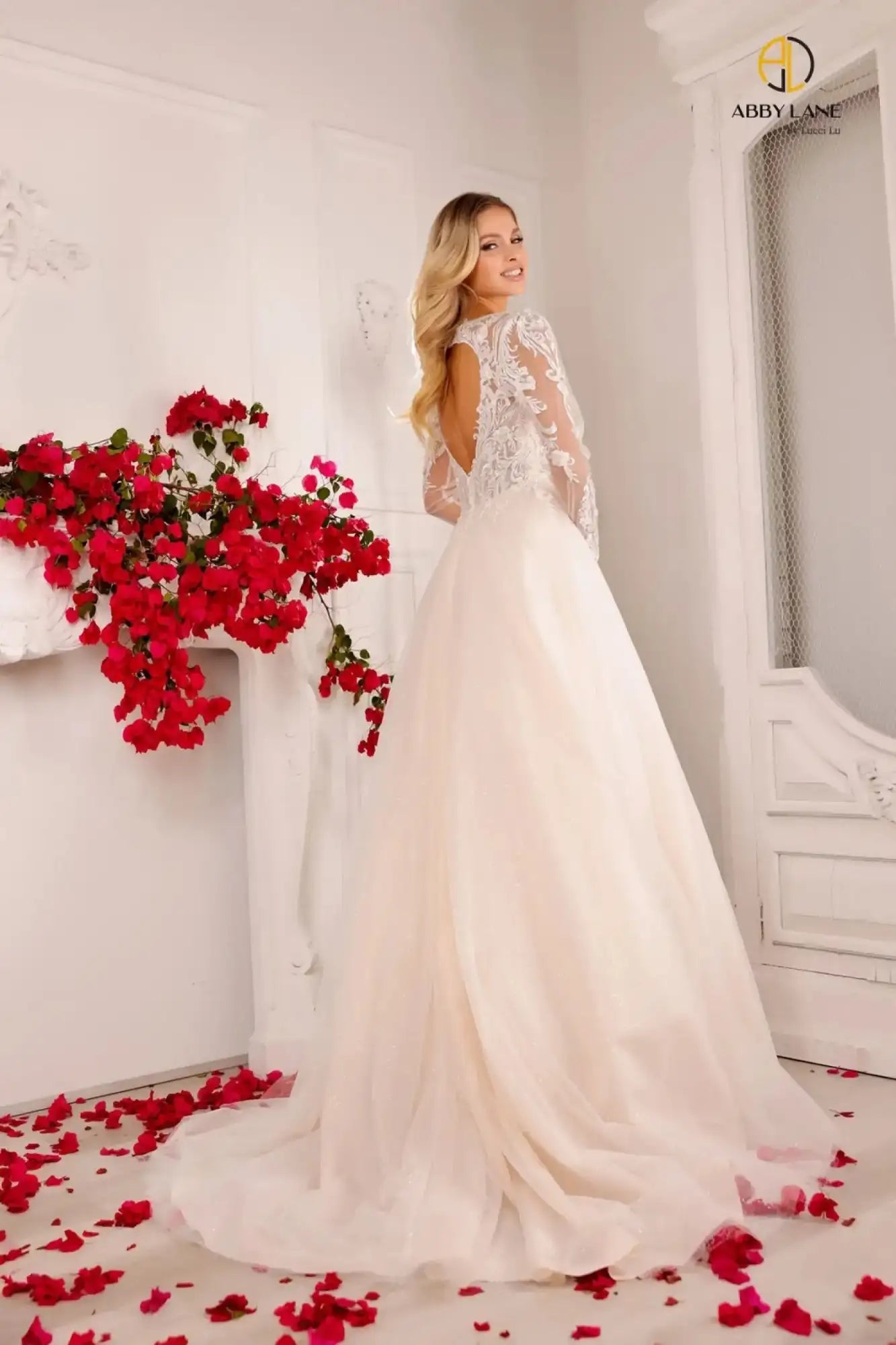 Lucci Lu 97136 A Line Wedding Dress Sheer Lace Long Sleeve Bridal Gown Shimmer Tulle Backless  Sizes: 0-28  Color: Ivory 