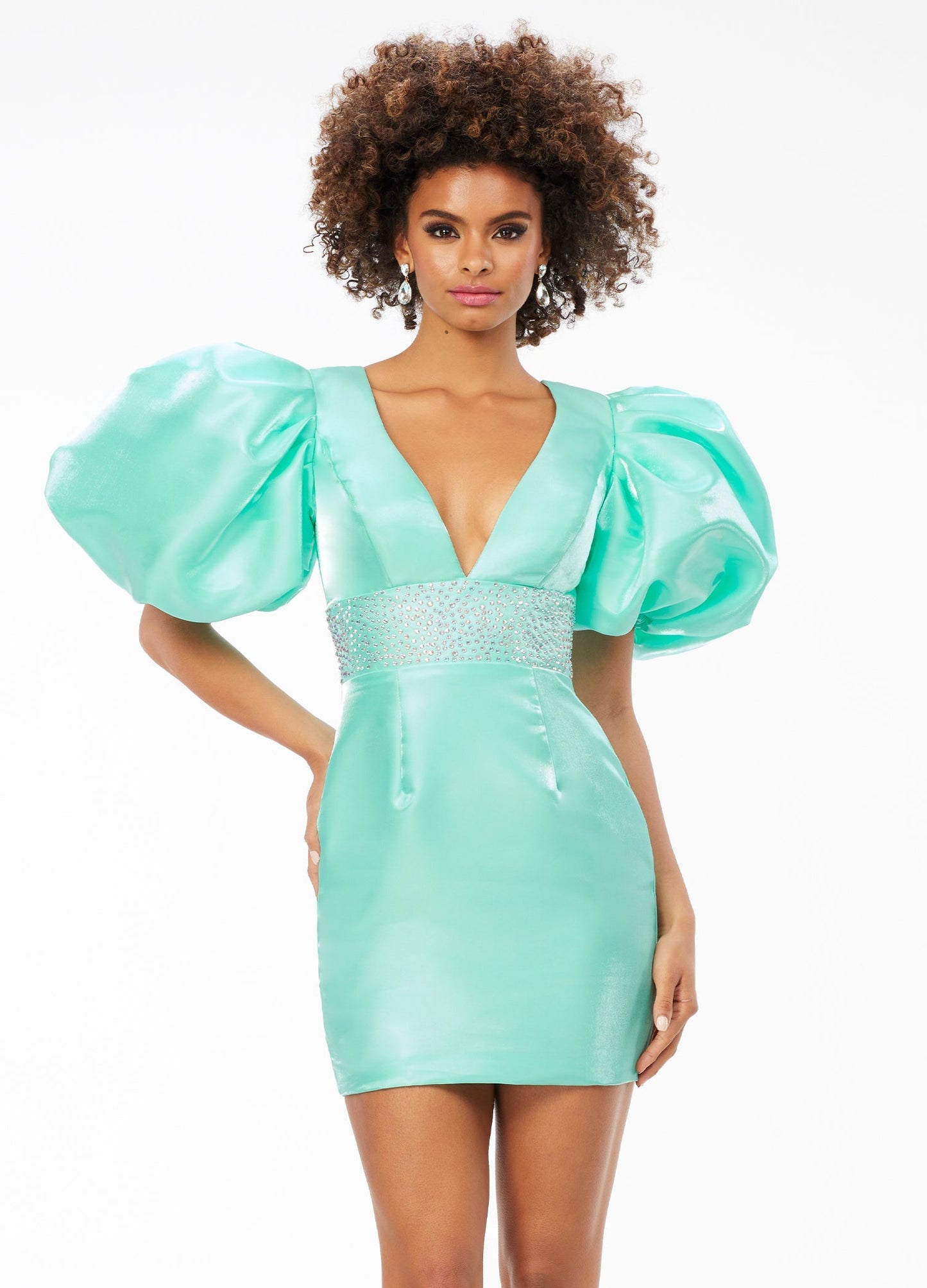 Ashley Lauren 4549 Satin Cocktail Dress Short Puff Sleeve