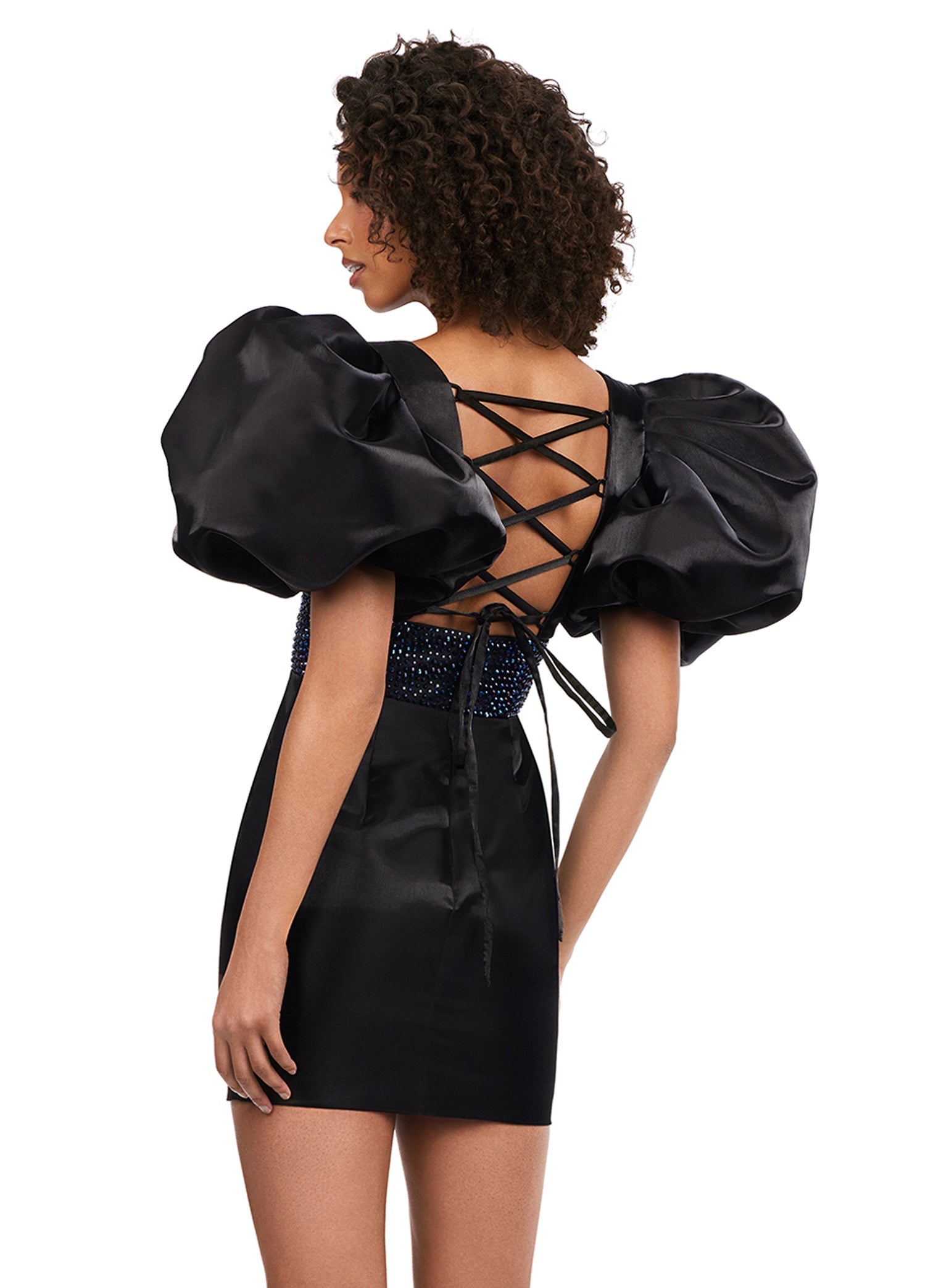 Ashley Lauren 4549 Satin Cocktail Dress Short Puff Sleeve