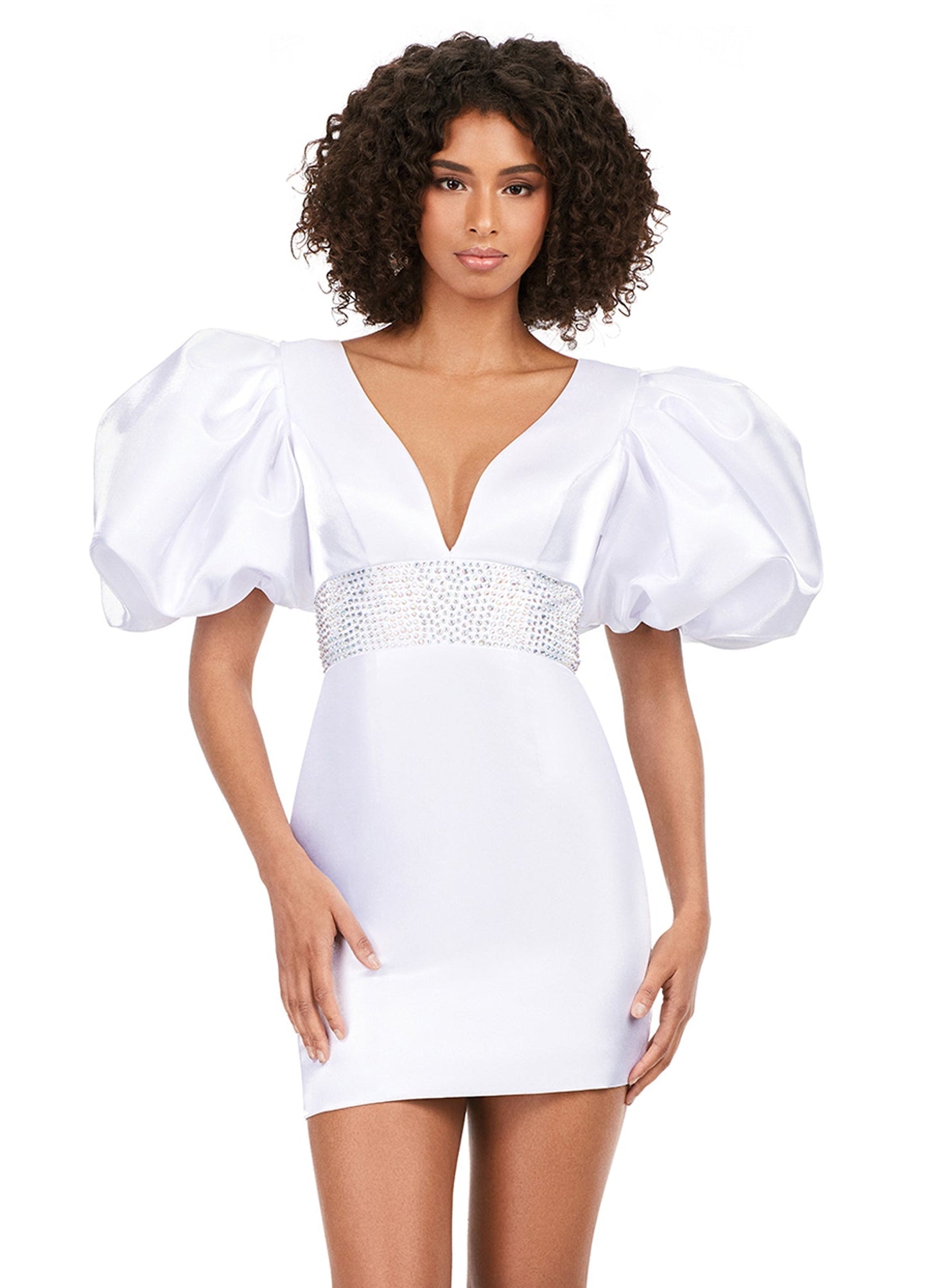 Ashley Lauren 4549 Satin Cocktail Dress Short Puff Sleeve