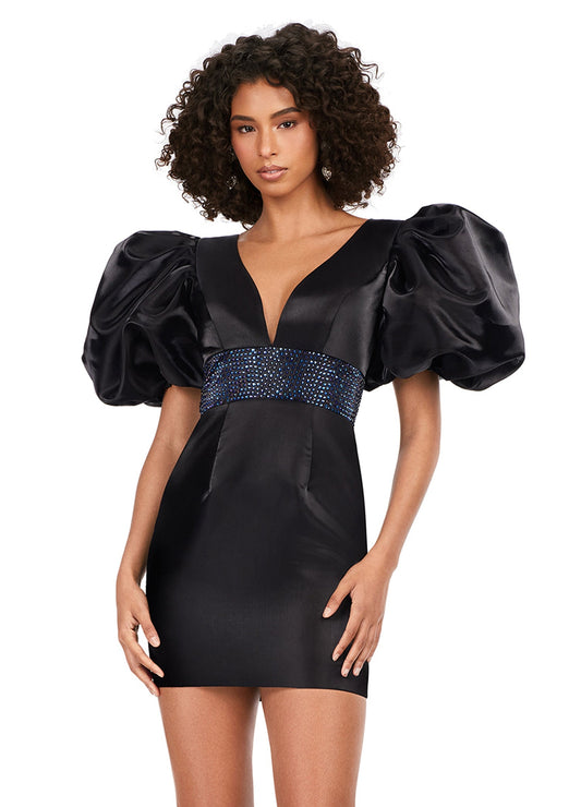 Ashley Lauren 4549 Satin Cocktail Dress Short Puff Sleeve