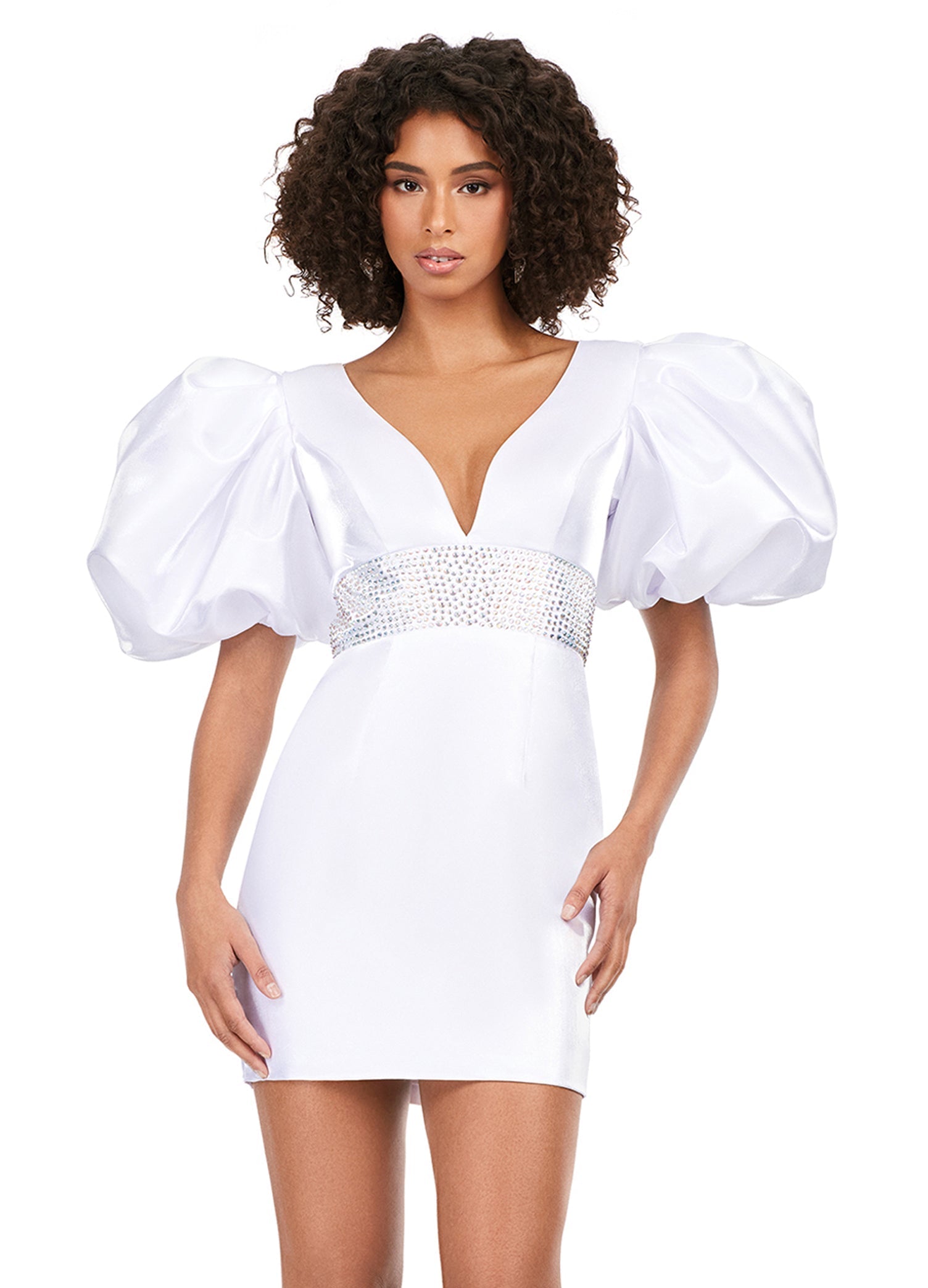 Ashley Lauren 4549 Satin Cocktail Dress Short Puff Sleeve