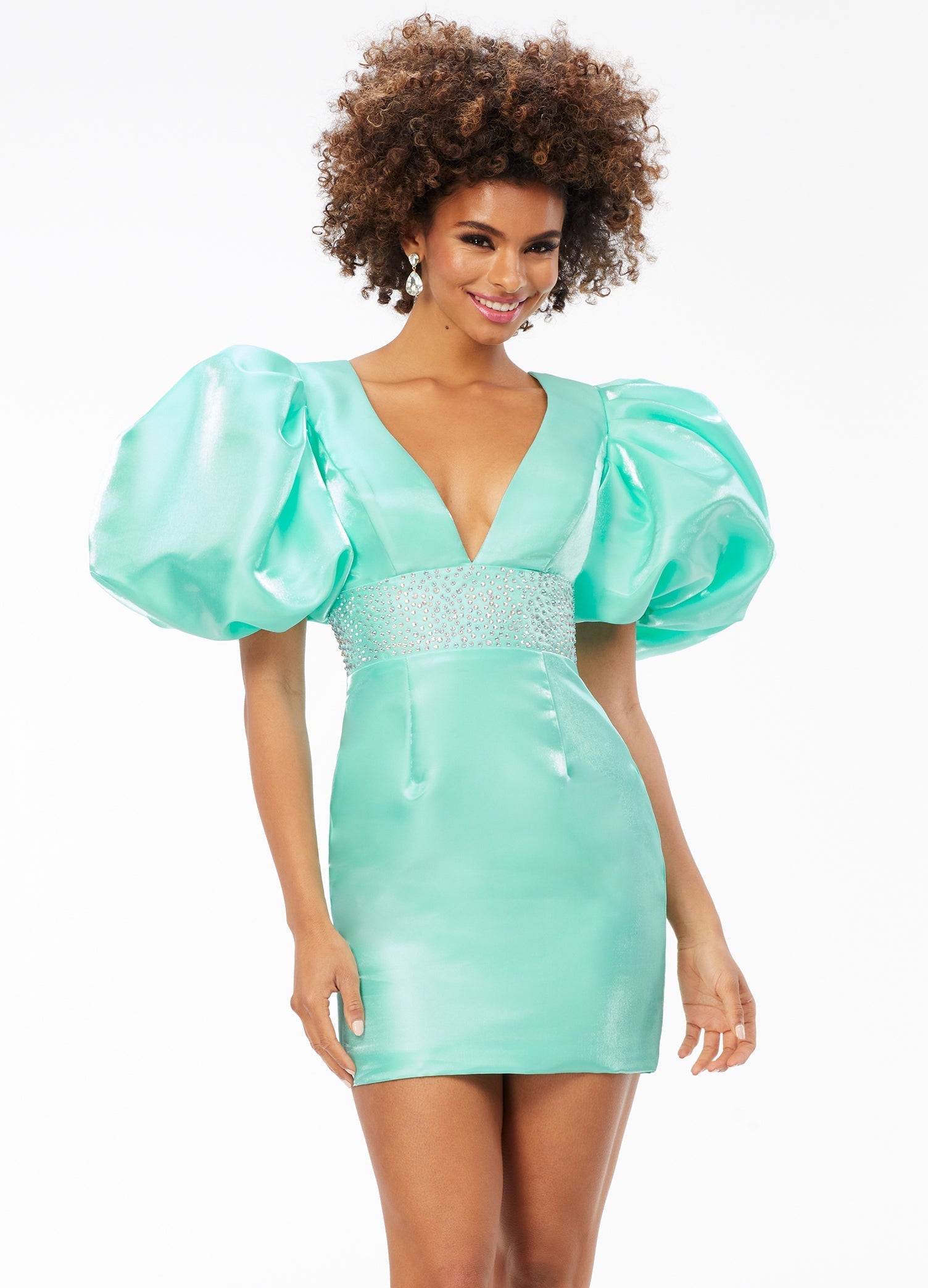 Ashley Lauren 4549 Satin Cocktail Dress Short Puff Sleeve