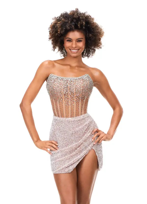 Ashley Lauren 4564 Beaded Cocktail Dress with Exposed Boning nude