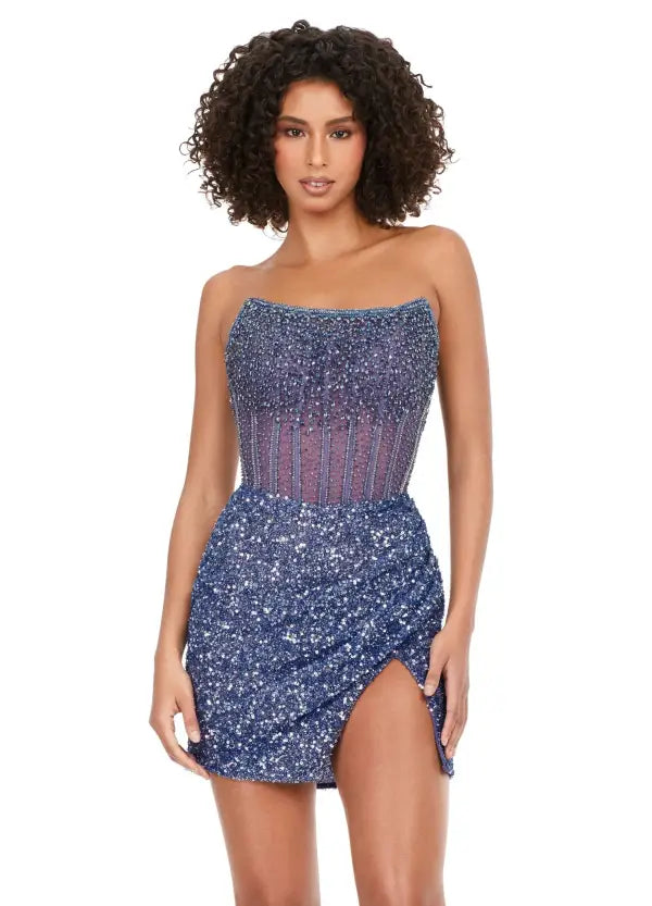 Ashley Lauren 4564 Beaded Cocktail Dress with Exposed Boning perriwinkle