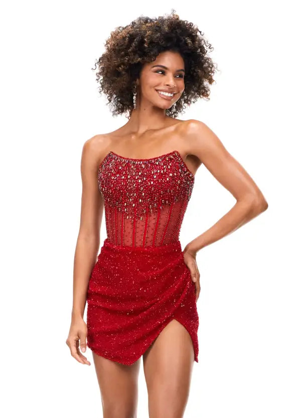 Ashley Lauren 4564 Beaded Cocktail Dress with Exposed Boning wrap skirt red