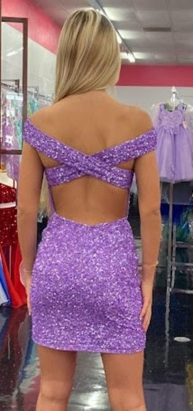 Ashley Lauren 4499 Size 4 Orchid Short Fitted Sequin Homecoming Dress off the shoulder   This fitted off the shoulder cocktail dress is accented by a crisscrossed back and covered in the most beautiful sequins!  Off the shoulder Open back Fully sequined Size: 4 Color: Orchid