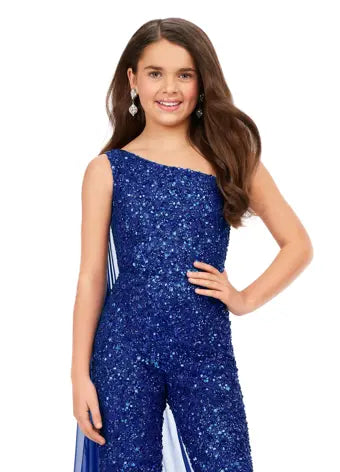 Ashley Lauren,8191,Royal 16 , Fully Beaded Jumpsuit with One Shoulder Chiffon Cape  AshleyLauren.com  Size; 16 , Color: Royal 