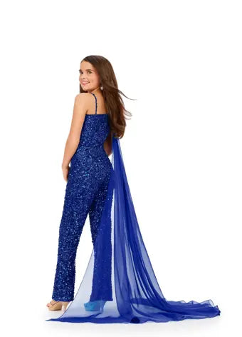 Ashley Lauren,8191,Royal 16 , Fully Beaded Jumpsuit with One Shoulder Chiffon Cape  AshleyLauren.com  Size; 16 , Color: Royal 