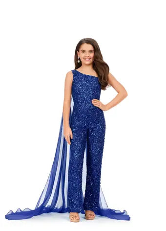 Ashley Lauren,8191,Royal 16 , Fully Beaded Jumpsuit with One Shoulder Chiffon Cape  AshleyLauren.com  Size; 16 , Color: Royal 