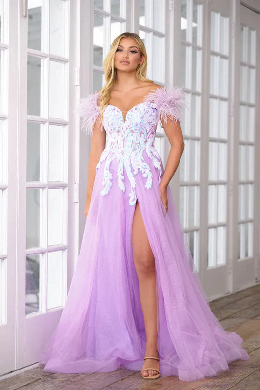 This elegant A Line gown by Ava Presley is the perfect choice for your next formal event. The shimmering fabric is complemented by a gorgeous off the shoulder Feather straps with a sweetheart neckline, an iridescent sequin bodice and shimmering skirt ensuring you look and feel your best on the big night. Ava Presley 39213   Sizes: 00-24  Colors: Iridescent Lilac, Iridescent Light Blue