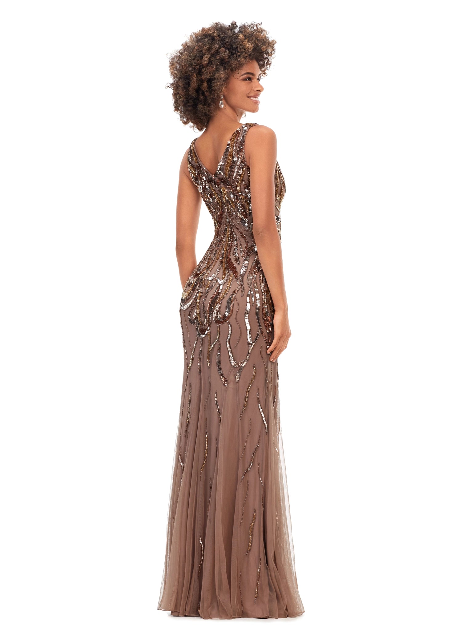 Ashley Lauren 11204 V-Neck Sequin V-Back Hand Beaded Sheer Long Evening Dress. This classic fitted gown features a v-neckline, v-back and a flattering bead pattern.