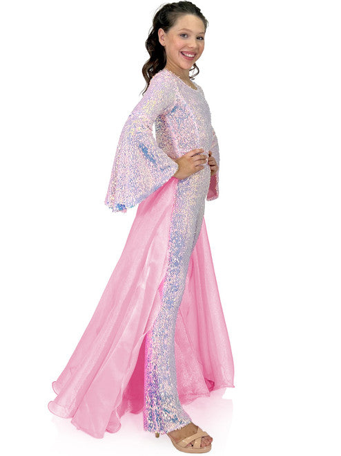 Marc Defang 8004K Sequin Bell Sleeve Pageant Jumpsuit Overskirt Fun Fashion   Price is inclusive of overskirt  Fully beaded jumpsuit Bell sleeve Option of matching overskirt Knitted inner comfort lining  Available Sizes: 4-14  Available Colors: Baby Pink, Light Purple, Light Orange, Mint