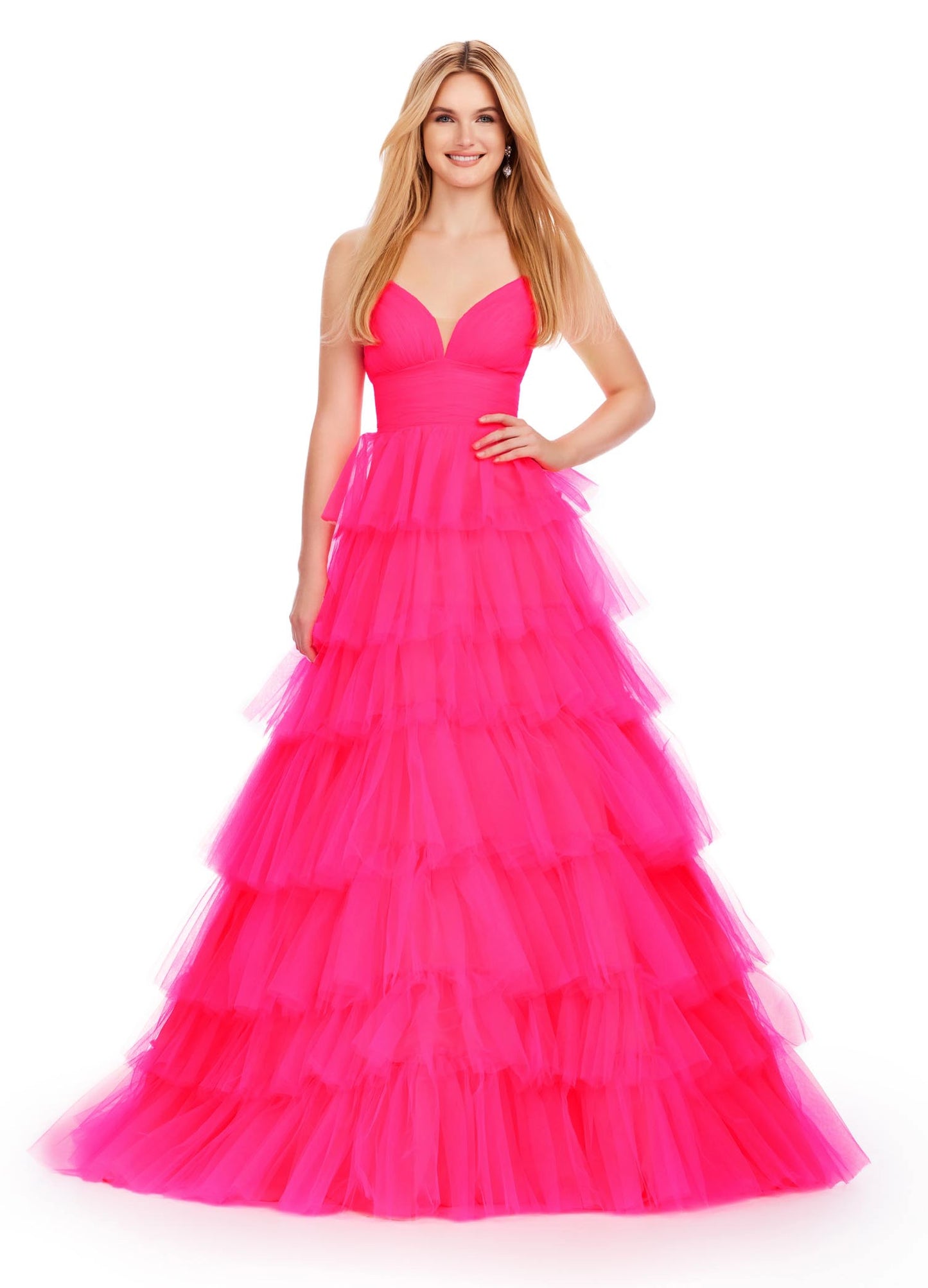 Ashley Lauren 11622 Long Layered Tulle A Line Prom Dress Formal Ballgown V Neck This tulle ball gown features a tiered design and ruched bustier. The look is complete with spaghetti straps and a sweetheart neckline.  COLORS: Electric Coral, Orchid, Jade, Hot Pink Sizes: 0-24