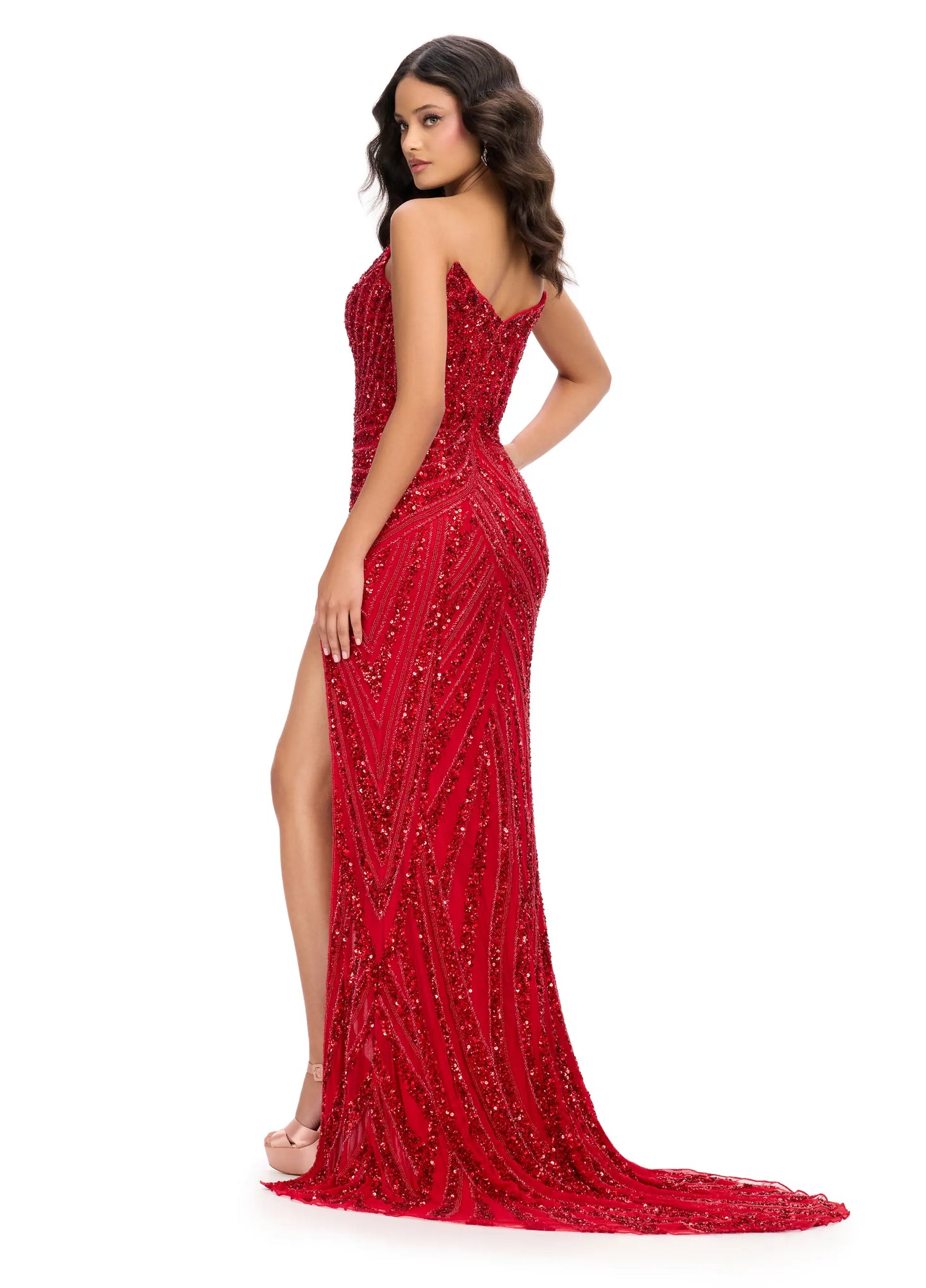 Ashley Lauren 11236 Size 00,0,2,4,6,14 Red Coral Long Fitted V Neck Slit Beaded Sequin Prom Dress Pageant Gown