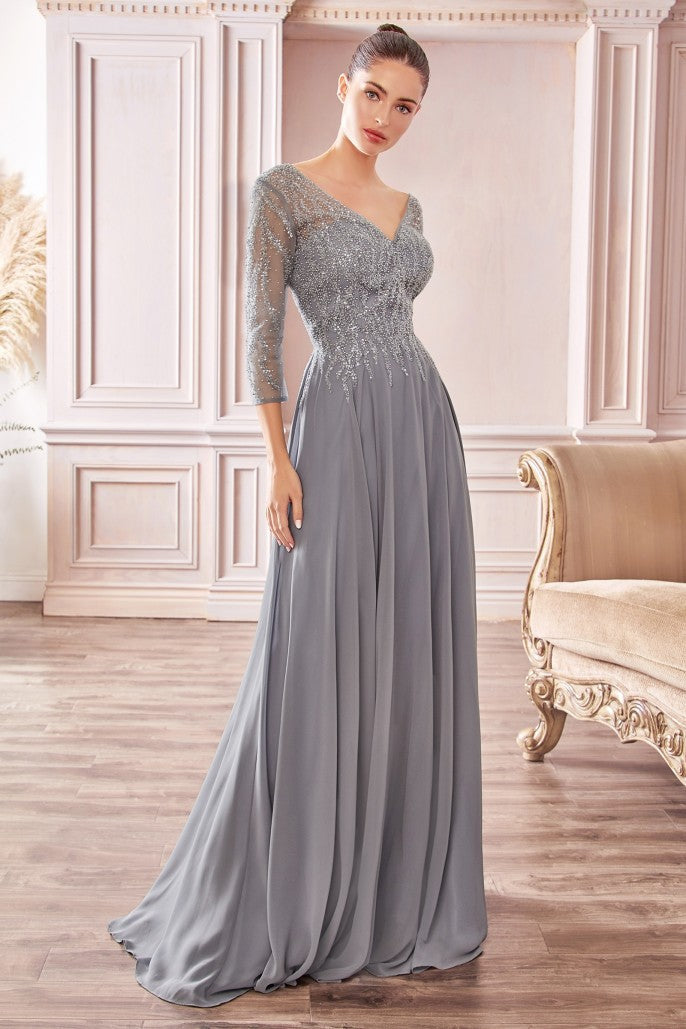 CD 0171 Long Chiffon A Line Mother Of Evening Dress Sheer Long Sleeve Beaded V Neck Gown thee quarter sheer embellished sleeves  Size: 16  Color: Smoky Blue