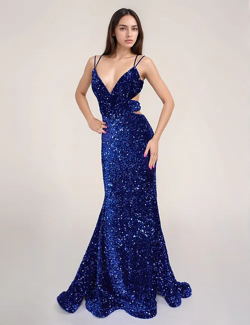 Nina Canacci 1579 Long Sequin Mermaid Prom Dress Cut Out Corset V Neckline